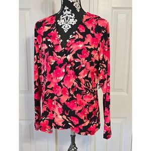 INC International Concepts Womens Top 2X  Painted Pink Floral V Neck Long Sleeve